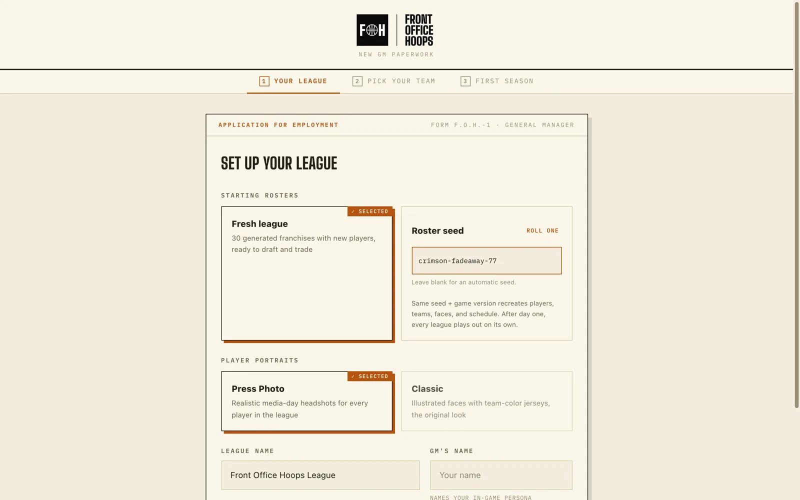 The create-league wizard with a shared roster seed entered