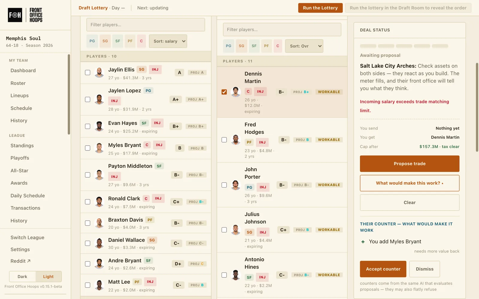 The trade builder with a CPU counter offer and its reasoning