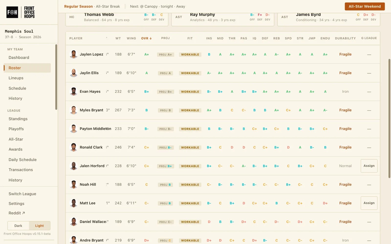 The roster view with G-League assignment controls